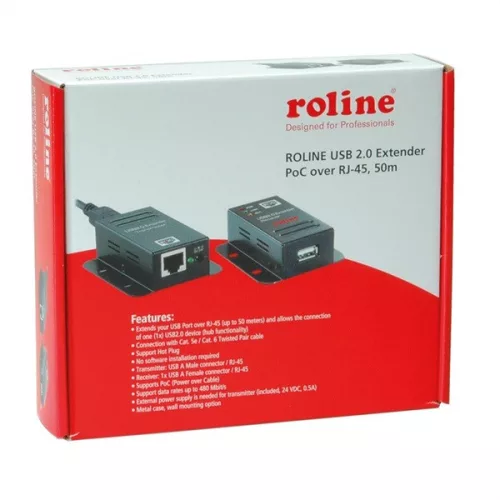 ROLINE Extender USB 2.0 - RJ45 CAT5e/CAT6, PoC, 1 port  50m-ig, fekete