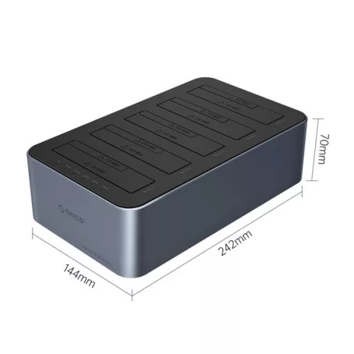 Orico HDD/SSD Dokkoló - ORICO-6656C3-C-EU-GY-BP (5x3,5" HDD, USB-C to USB-A, Klón funkció, Max.: 100TB, fekete)