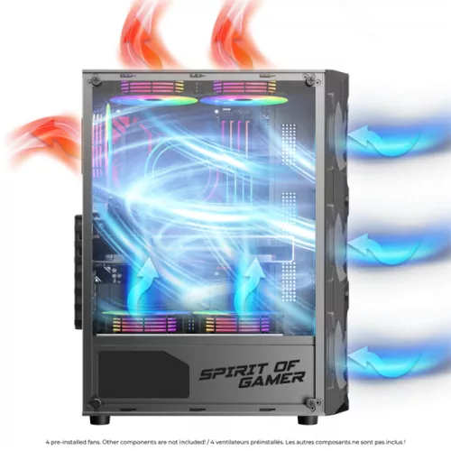 Spirit of Gamer Számítógépház - REBEL XT Black (fekete, ablakos, 4x12cm ventilátor, alsó táp,  ATX, 1xUSB3.0, 2xUSB2.0)