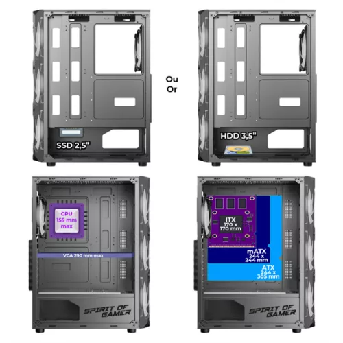 Spirit of Gamer Számítógépház - REBEL XT Black (fekete, ablakos, 4x12cm ventilátor, alsó táp,  ATX, 1xUSB3.0, 2xUSB2.0)
