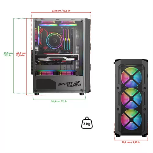 Spirit of Gamer Számítógépház - REBEL XT Black (fekete, ablakos, 4x12cm ventilátor, alsó táp,  ATX, 1xUSB3.0, 2xUSB2.0)