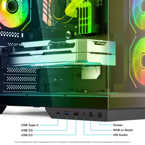 Spirit of Gamer Számítógépház - VIPER CRX Black (fekete, ablakos, 6x12cm ventilátor, alsó táp,  ATX, 1x USB-C, 2x USB-A)
