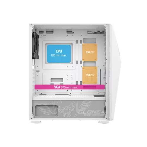 Spirit of Gamer Számítógépház - CLONE 4 White (fekete, ablakos, 2x12cm ventilátor, alsó táp,  ATX, 1xUSB3.0, 2xUSB2.0)