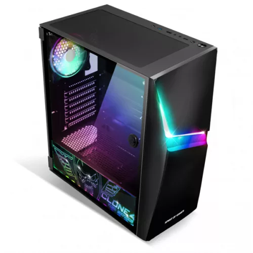 Spirit of Gamer Számítógépház - CLONE 4 Black (fekete, ablakos, 2x12cm ventilátor, alsó táp,  ATX, 1xUSB3.0, 2xUSB2.0)