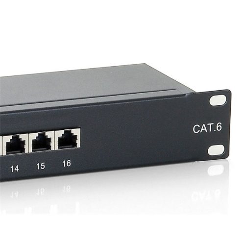 Equip Patch Panel - 326416 (16 port, Cat6, 1U, árnyékolt, fekete)