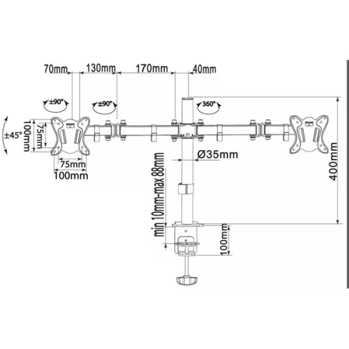 Equip Monitor Asztali konzol - 650152 (13"-27", 2 monitor, dönthető, forgatható, állítható magasság, Max.:2x9kg, fekete)