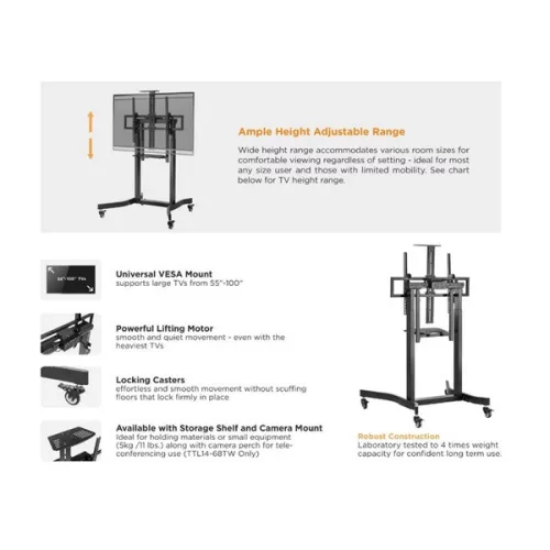 Equip TV állvány - 650633 (55"-100" álló, dönthető, állítható magasság, gurulós, motoros, Max.:120kg, fekete)