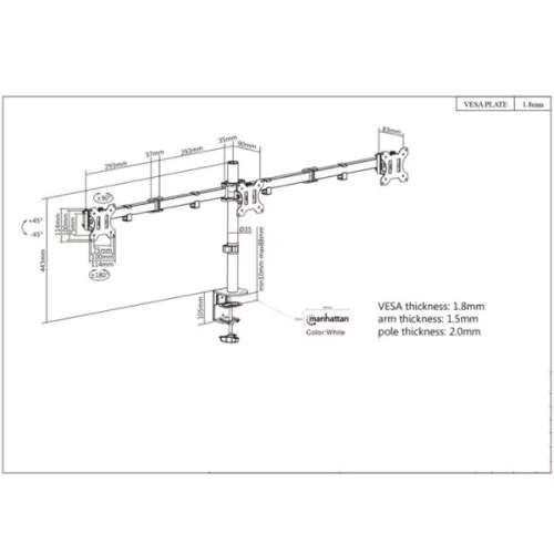 Manhattan asztali állvány -  Dupla karos, 3db monitor részére (max.VESA:75x75, 13"-27"-ig, 7kg, fekete)