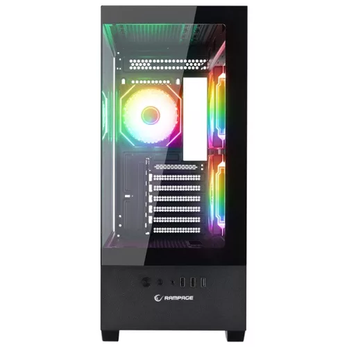 Rampage Számítógépház - CALIBRE (fekete; üveg; mATX; alsó táp; 3x120mm RGB, 1xUSB3.0 + 2xUSB2.0)