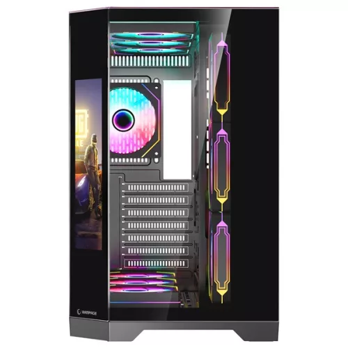 Rampage Számítógépház - NOVA (fekete; üveg; ATX; 9,17" TFT kijelző, 7x120mm RGB, 1xUSB3.0 + 1xUSB2.0)