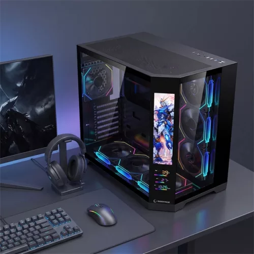 Rampage Számítógépház - NOVA V2 (fekete; üveg; ATX; 9,17" LCD kijelző, 7x120mm A-RGB, 1xUSB3.0 + 1xUSB-C)