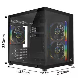   Rampage Számítógépház - LUMID (fekete; ablakos; BTF, mATX, Type-C, USB 3.0, alsó táp, 3x120mm A-RGB)