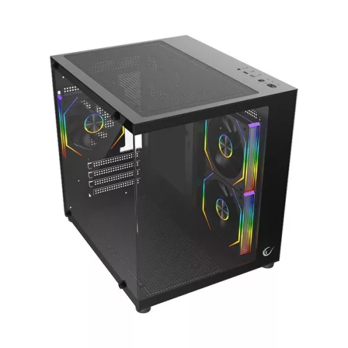 Rampage Számítógépház - LUMID (fekete; ablakos; BTF, mATX, Type-C, USB 3.0, alsó táp, 3x120mm A-RGB)