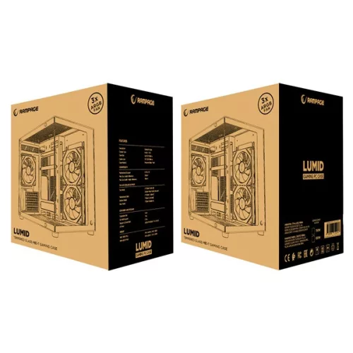 Rampage Számítógépház - LUMID (fekete; ablakos; BTF, mATX, Type-C, USB 3.0, alsó táp, 3x120mm A-RGB)