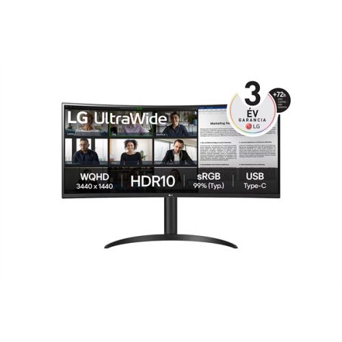 LG Monitor 34" - 34WR55QK-B (VA; Ívelt, 21:9; 3440x1440; 5ms; 300cd; 100Hz, HDMIx2, DP; USB; HDR10; sRGB99%; mag áll)