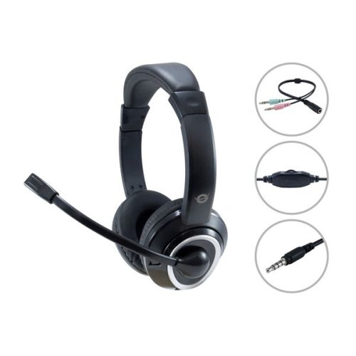 Conceptronic Fejhallgató - POLONA02BA (3.5mm Jack+elosztó, hangerőszabályzó, felhajtható mikrofon, 200 cm kábel, fekete)