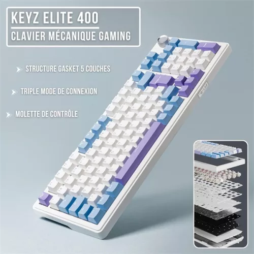 The G-Lab Vezeték nélküli Gamer Billentyűzet - KEYZ ELITE 400 WB/US (RGB, 2,4Ghz+BT+Wired, 1000Hz, USB, fehér-kék angol)