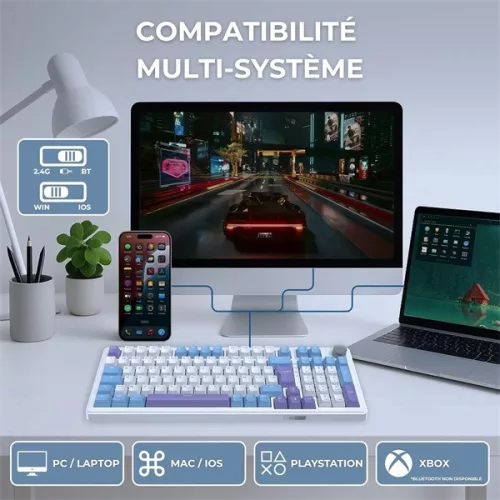 The G-Lab Vezeték nélküli Gamer Billentyűzet - KEYZ ELITE 400 WB/US (RGB, 2,4Ghz+BT+Wired, 1000Hz, USB, fehér-kék angol)