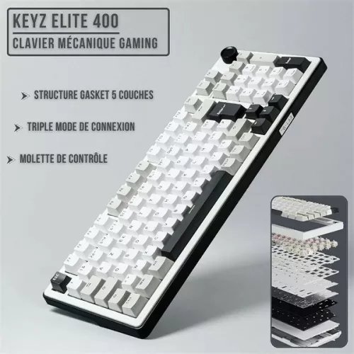 The G-Lab Vezeték nélküli Gamer Billentyűzet - KEYZ ELITE 400 WG/US (RGB, 2,4Ghz+BT+Wired, 1000Hz, USB, fehér-szü angol)