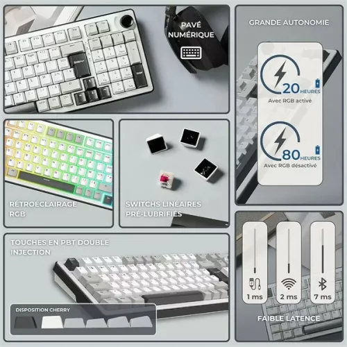 The G-Lab Vezeték nélküli Gamer Billentyűzet - KEYZ ELITE 400 WG/US (RGB, 2,4Ghz+BT+Wired, 1000Hz, USB, fehér-szü angol)