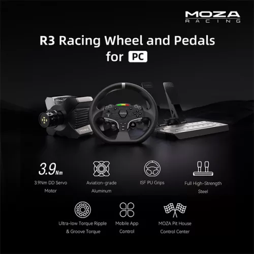 Moza Racing csomag - R3 PC Szimulátor szett (Direct Drive, R3 bázis, ES kormány, SR-P Lite pedál, bilincs)