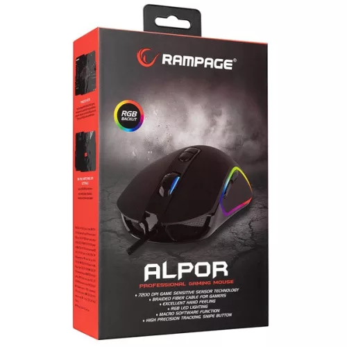 Rampage Egér Gamer - SMX-G65 ALPOR (7200DPI, 7 gomb, makro, RGB LED, 1,8m harisnyázott kábel, fekete)