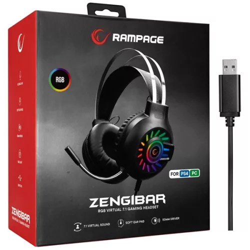 Rampage Fejhallgató - RM-K44 ZENGIBAR (mikrofon, 7.1 hangzás, USB, hangerőszabályzó, 2,2m kábel, RGB, fekete)