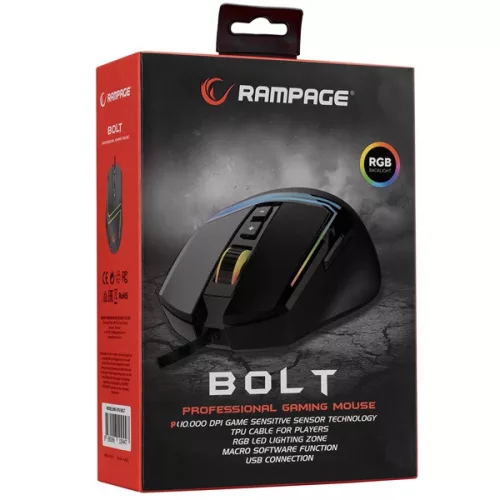 Rampage Egér Gamer - SMX-R76 BOLT (1000DPI, 7 gomb, makro, RGB LED, 1,5m harisnyázott kábel, fekete)