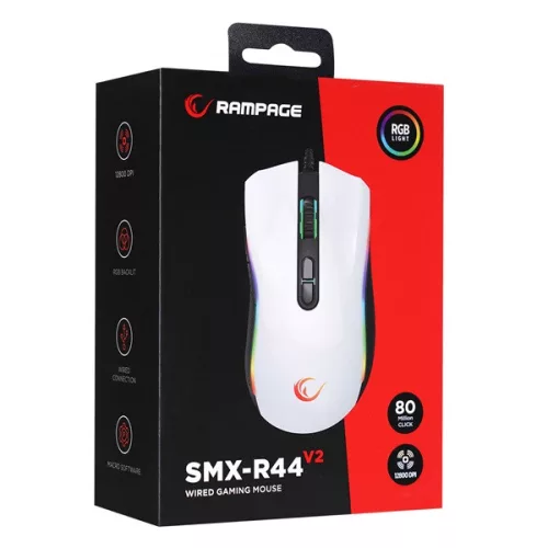Rampage Egér Gamer - SMX-R44 V2 Macro (12800 DPI, 7 gomb, makro, RGB LED, 1,8m fonott kábel, fehér)