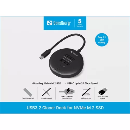 Sandberg M.2 SSD dokkoló -USB3.2 Cloner Dock for M2+NVMe