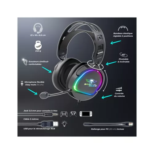 Spirit of Gamer Fejhallgató - PRO-H6 RGB Black (MultiPlatform, mikrofon, 3.5mm jack, hangerőszabályzó, 2m kábel, fekete)
