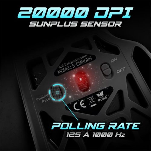 Spirit of Gamer Egér - ELITE-M60 Black (Optikai, 20000 DPI, 1000Hz, 9 programozható gomb, RGB, vezetékes, fekete)