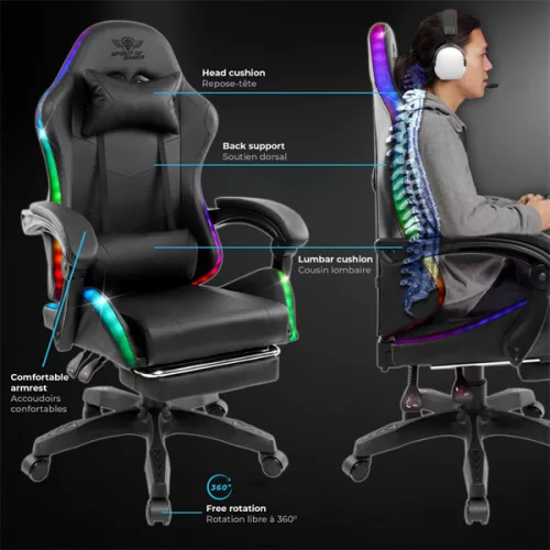 Spirit of Gamer szék - SIRIUS (RGB, állítható dőlés/magasság; kihajtható lábtartó; max.120kg-ig, fekete)