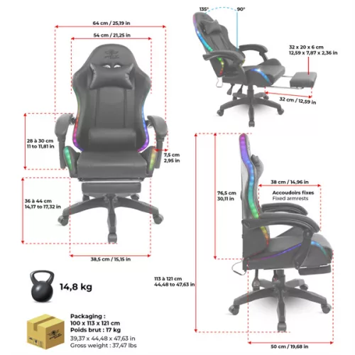 Spirit of Gamer szék - SIRIUS (RGB, állítható dőlés/magasság; kihajtható lábtartó; max.120kg-ig, fekete)