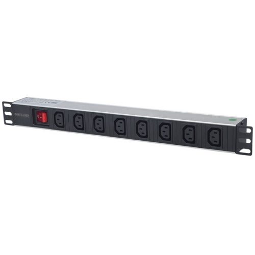 Manhattan elosztó - 19" 1U Rackmount elosztó, 8db C13 aljzat, 2m eltávolítható kábel, ki-be kapcsológomb