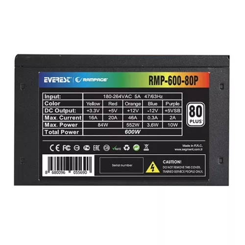 Rampage Tápegység - 600W RMP-600-80P (80 Plus; 12cm ventilátor, Aktív PFC)