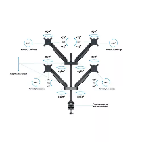 MULTIBRACKETS 4 karos asztali konzol, M VESA Gas Lift Arm Quad Black (15-32", max.VESA: 100x100 mm, 10 kg)