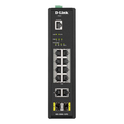 D-LINK Switch Ipari 10x1000Mbps (8xPOE) + 2xSFP + 1x konzol port Menedzselhető Fémházas,DIS-200G-12PS