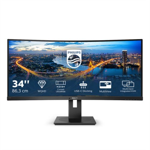 PHILIPS Ívelt VA monitor 34" 346B1C, 3440x1440, 21:9, 300cd/m2, 4ms, USB-C/USB-B/4xUSB/HDCP/LAN/DP/HDMI, hangsz.