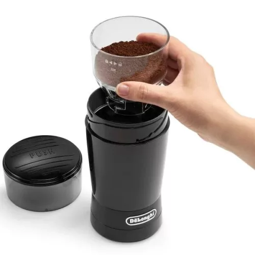 DELONGHI KG-200 kávédaráló, tető lenyomásával kapcsol be, multifunkciós örlő, 90 gramm, max. 12 csészéhez