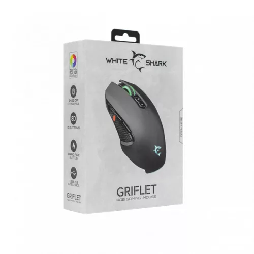 WHITE SHARK GRIFLET (GM-5011) gamer egér, 8D, fekete, 6400 dpi, RGB