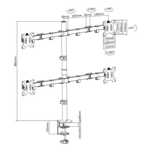 SBOX LCD-352/4 Asztali kvadupla monitor tartó konzol, dönthető, forgatható, 13"-27", 100x100, max 10 kg