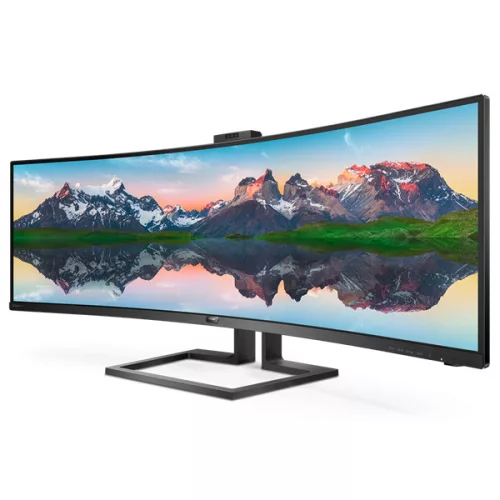 PHILIPS Ívelt monitor 48.8" 499P9H, 5120x1440, 32:9, 450cd/m2, 5ms, USB-C(+dokkoló)/3xUS/LAN/DP/2xHDMI, hangszóró/webkam
