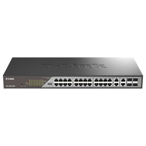 D-LINK Switch 24x1000Mbps(POE) +4xSFP Uplink Fémházas, Surveillance Menedzselhető Rackes 370 Watt POE, DSS-200G-28MP/E