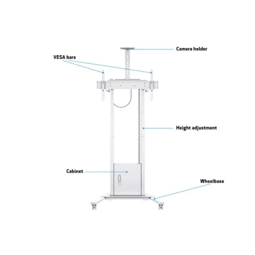 MULTIBRACKETS Gurulós motoros padlóállvány, M Motorized Floorstand incl cabinet & camerashelf 120kg White (42-100")