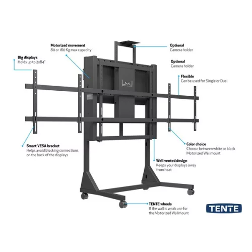 MULTIBRACKETS Gurulós motoros 2 karos padlóállvány, M Motorized Floorstand Dual Screen 160 kg Black SD (max. 2x84")