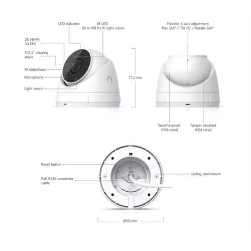 UBiQUiTi Kamera 2K HD, 30FPS, HDR, Éjellátó, POE, Falra rögzíthető, kültéri, vízálló - UVC-G5-TURRET-ULTRA