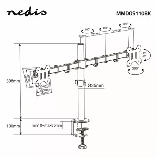 Nedis MMDOS110BK 15"-32" asztali 2 monitor tartóállvány, maximum 8 kg, forgatható dönthető, acél, fekete