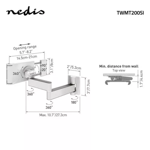 Nedis TWMT200SI 7"-12" tablet fali tartó konzol, maximum 1 kg, 360° fokban forgatható, dönthető, fehér/ezüst