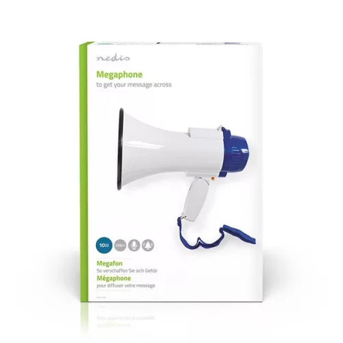 Nedis MEPH150WT megafon,  hatótáv: 250m, max. hangerő: 115dB, beépített mikrofonb, beépített sziréna, felvéte